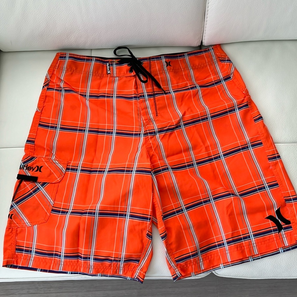 Hurley Icon Board Shorts Orange Plaid Pattern Sz 34 EUC